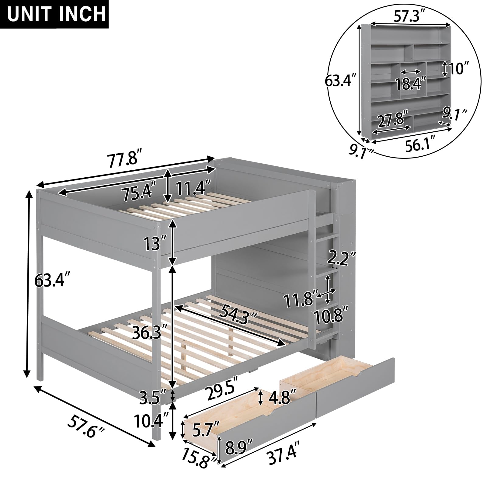 Full Over Full Bunk Bed with Storage Drawers and Cabinet