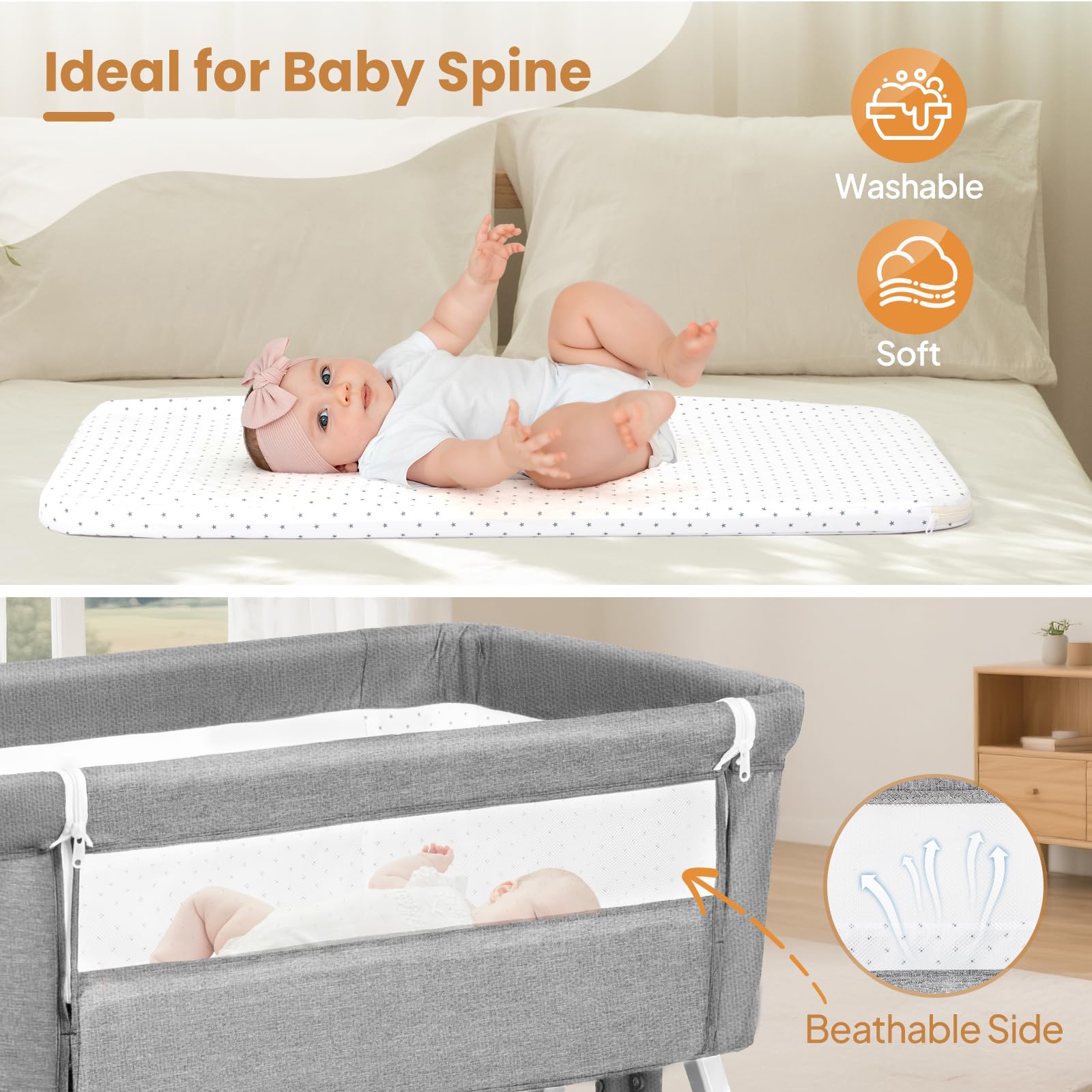 JOYMOR Baby Bassinet with Changing Table, Bedside Bassinet for Baby with Comfy Mattress and Wheels, 6 Height Adjustable Easy Folding Portable Bedside Crib for Newborn (Gray)