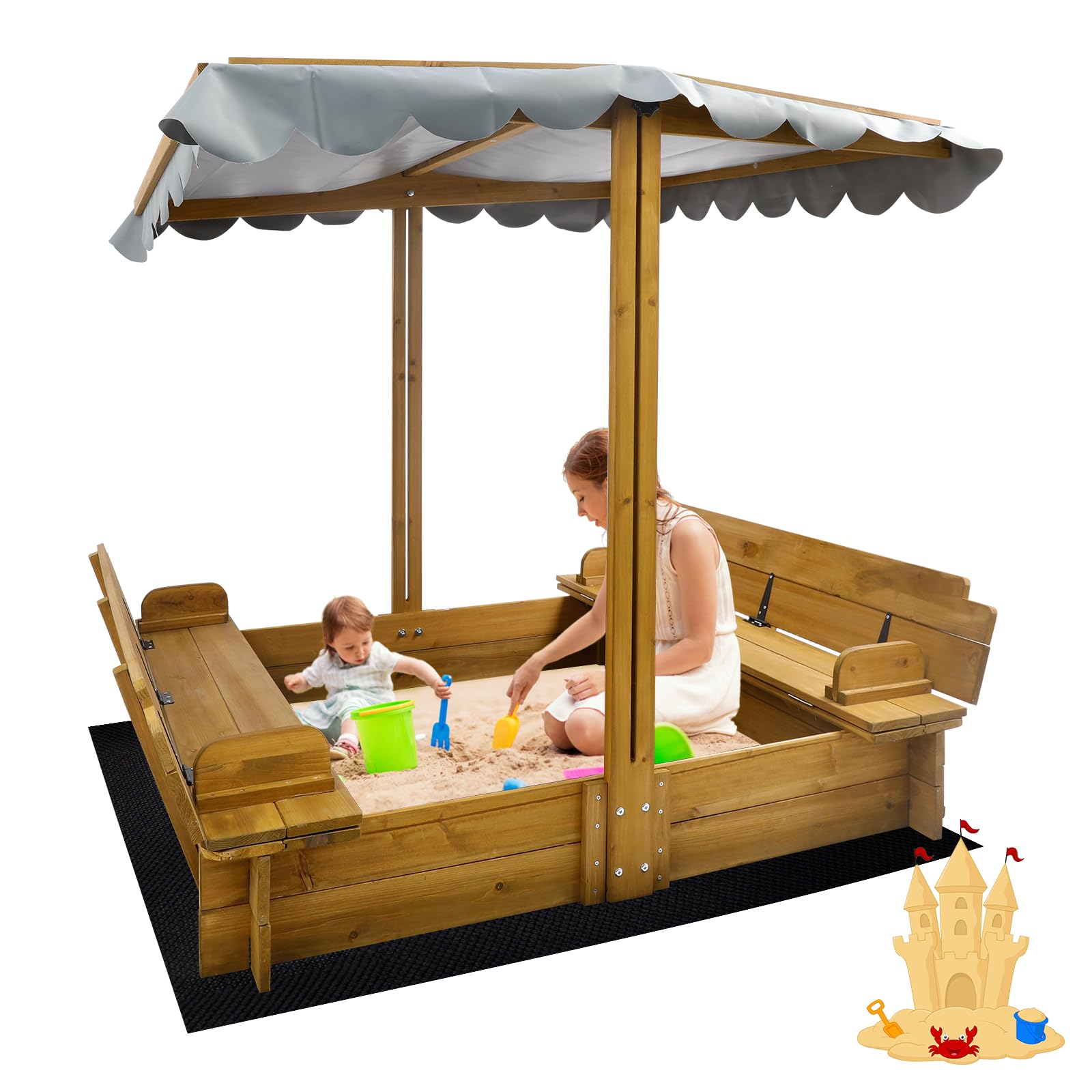 Kids Sandbox with Lid, Wooden Sand Box with Cover Outdoor