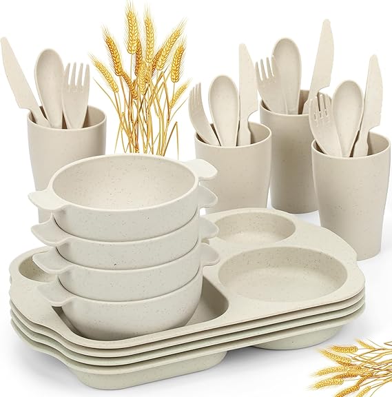 24 PCS Wheat Straw Dinnerware Set for Kids Toddler Plate Bowl Cup Sets