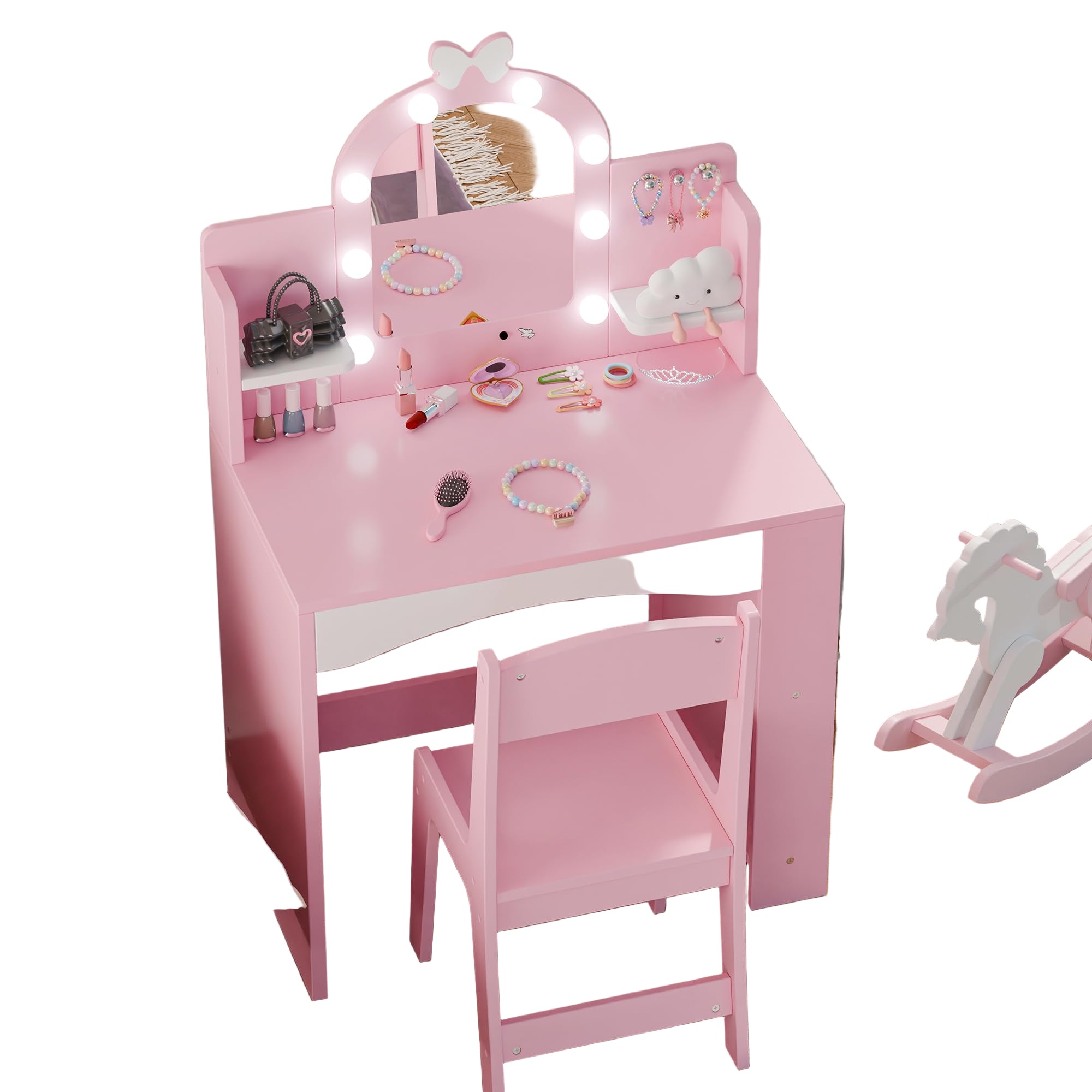 Kids Vanity with Lights, Princess Makeup Vanity Table and Chair Set for Girls