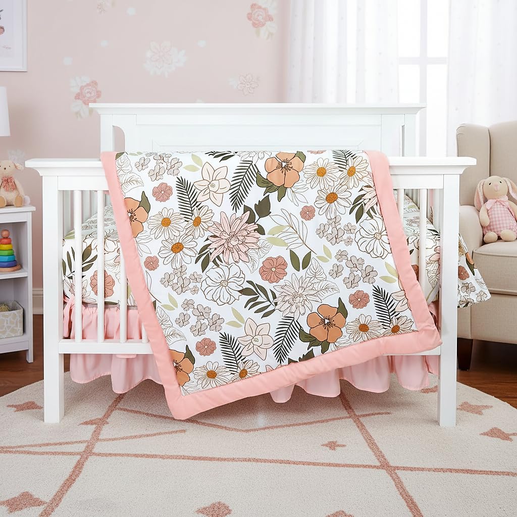 4-Piece Crib Bedding Set for Girls with Quilt, Sheet, Skirt and Diaper Stacker