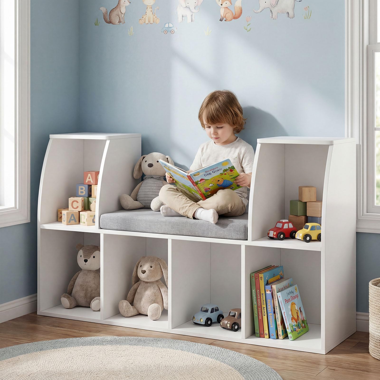 Kids Bookshelf with Reading Nook and Storage Bench