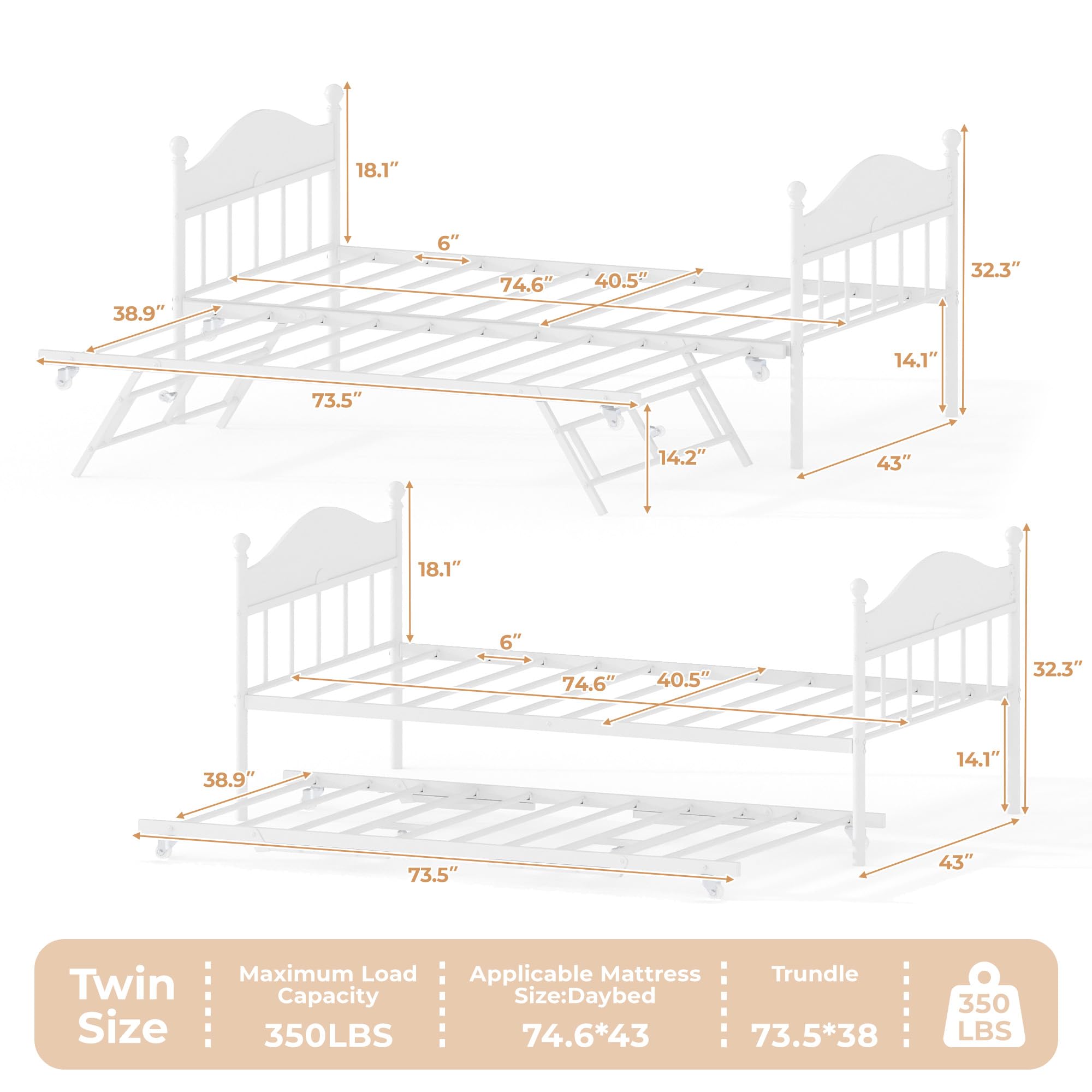 Twin Daybed with Trundle and Lockable Casters