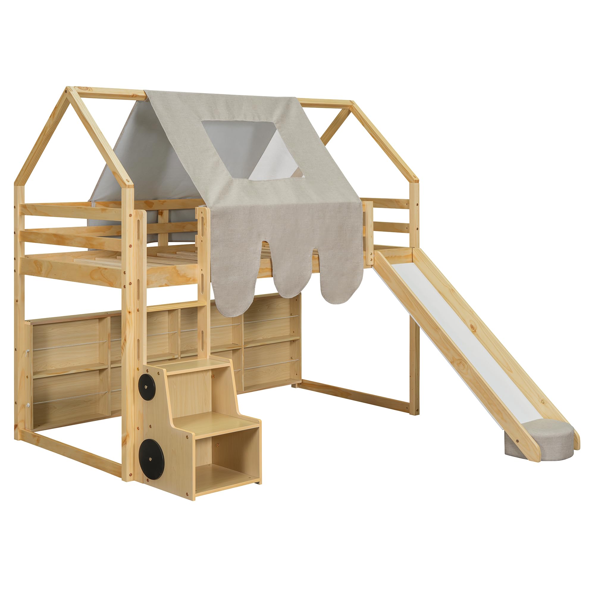 Twin Size Loft Bed with Slide, Wooden Twin House-Shaped Frame with Ladder