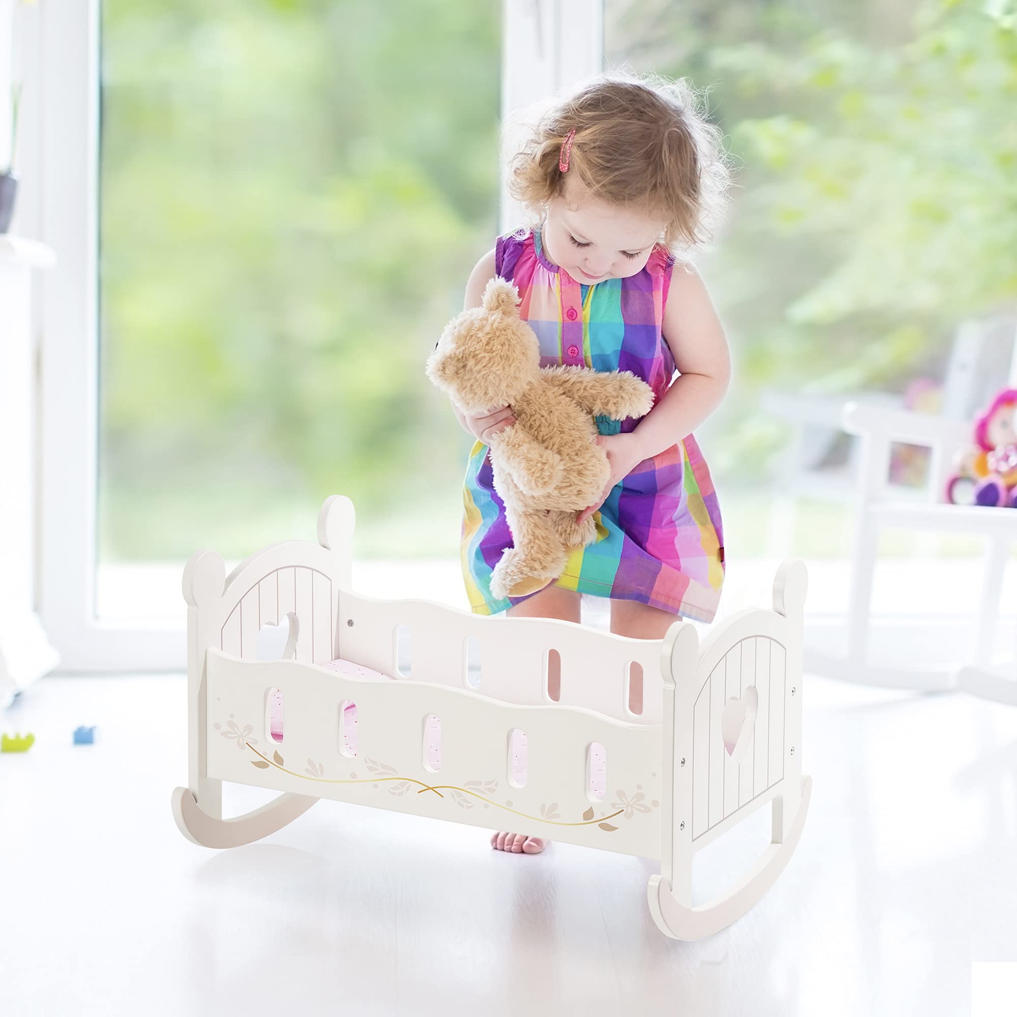 Wooden Doll Cradle Rocking Crib with Bedding Set