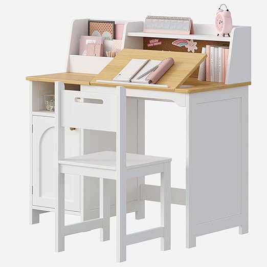 Kids Study Desk and Chair Set, Kids Desk with Hutch and Tiltable Desktop