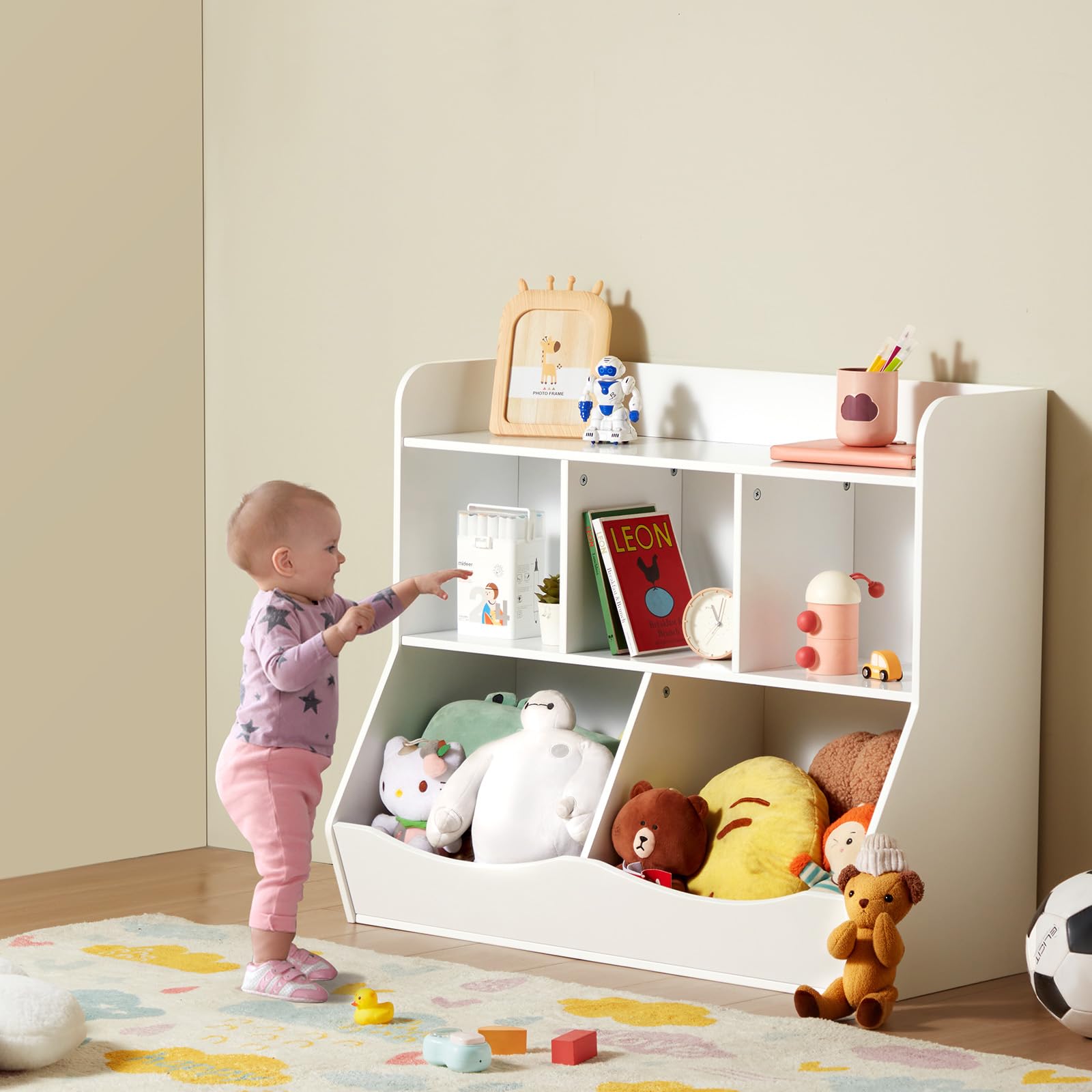 Wood Kid Storage Cubby, Toy Storage Organizer with Bookshelf