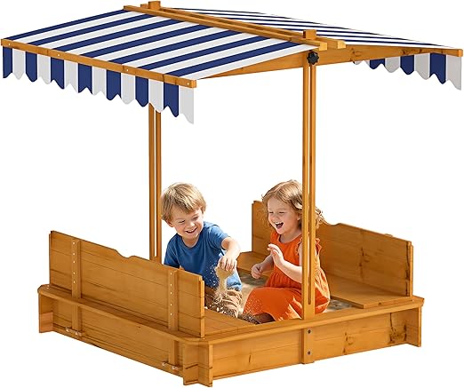 Wooden Sandbox with Lid, Kids Sandbox with Canopy Outdoor