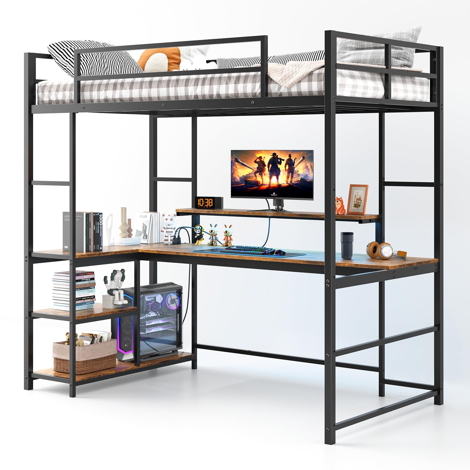 Twin Loft Bed with L-Shaped Desk and LED Lights