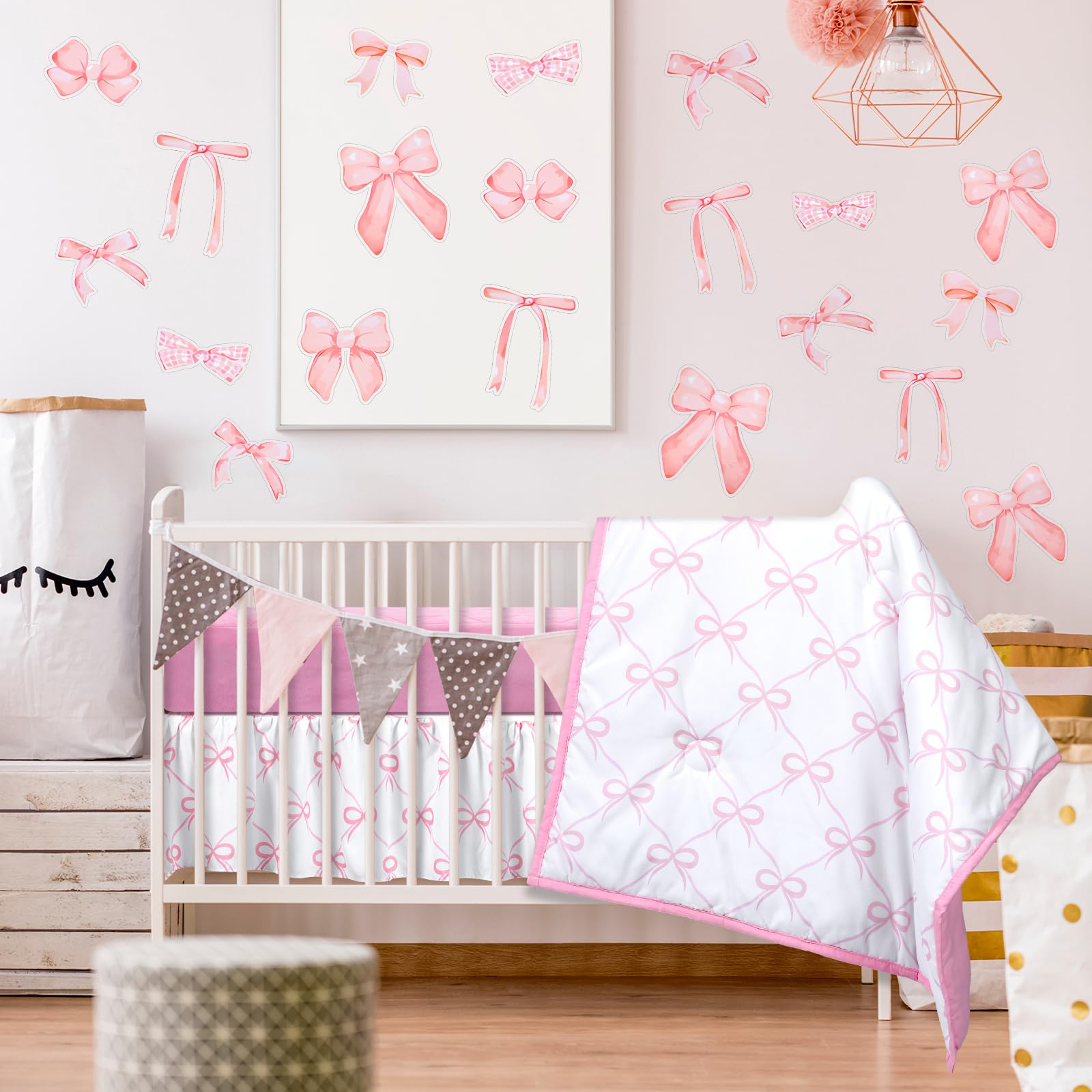 SmoothNovelty 5 Pcs Pink Bow Theme Crib Bedding Set Include Bow Knot Print Crib Sheets Bed Skirt Comforter Pad Cover Wall Stickers for Girls Princess Nursery Room Decoration
