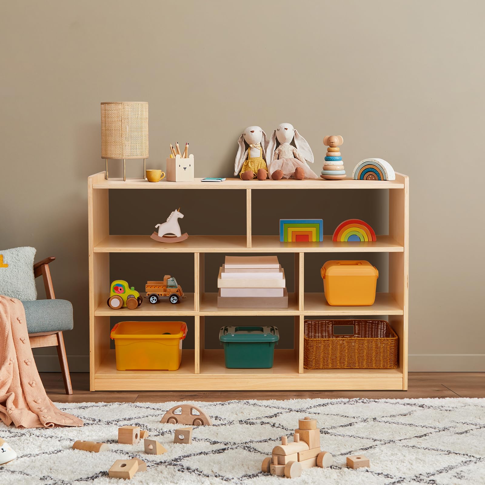 Montessori Toy Shelf and Storage, 31.5" H, 3-Tier Toy Storage Organizer with 8 Cubby