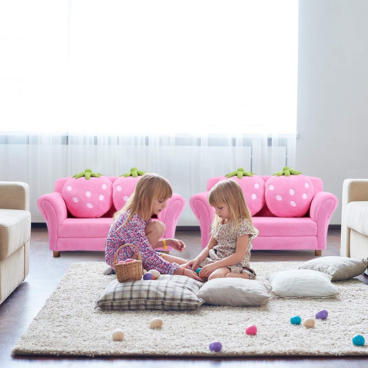 Kids Couch, Double Seat Pink Children's Sofa with 2 Strawberry