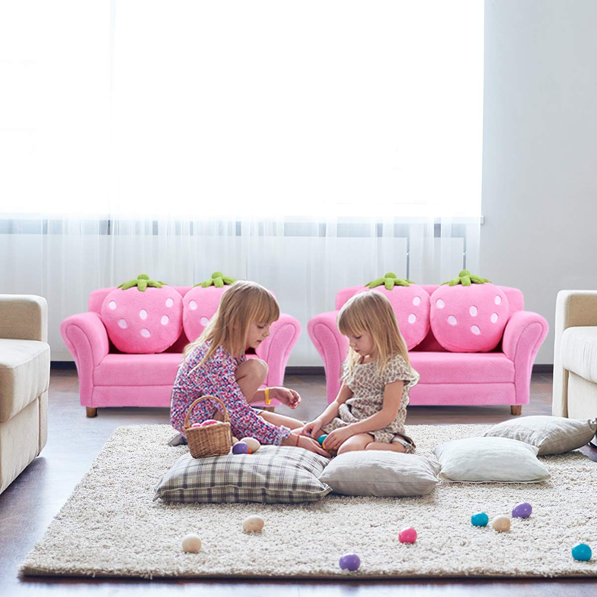 Kids Couch, Double Seat Pink Children's Sofa with 2 Strawberry