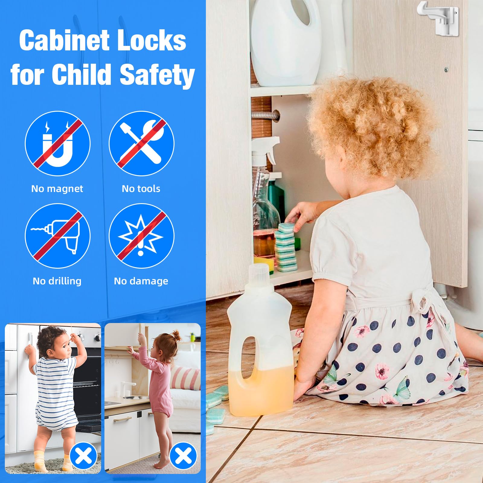 TOWODE Cabinet Locks Baby Proofing Cabinets Locks Child Safety Baby Proof Drawer Locks No Drilling or Extra Screws Works with Most Cabinets, Drawers and Countertop Overhangs(10 Pack)