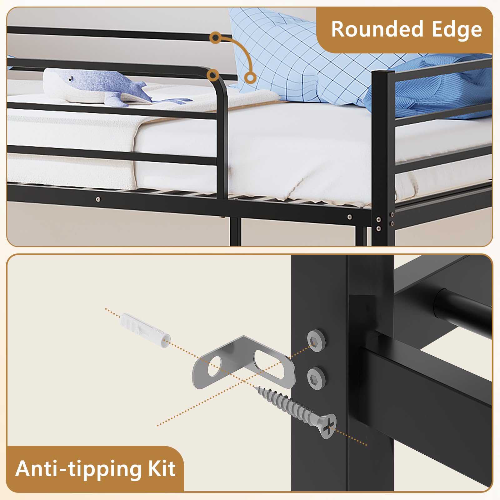 Twin Over Twin Metal Bunk Bed with Safety Guardrails