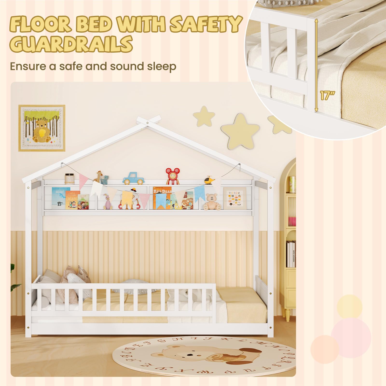 Twin Floor House Bed with Storage Shelf and Safety Guardrails
