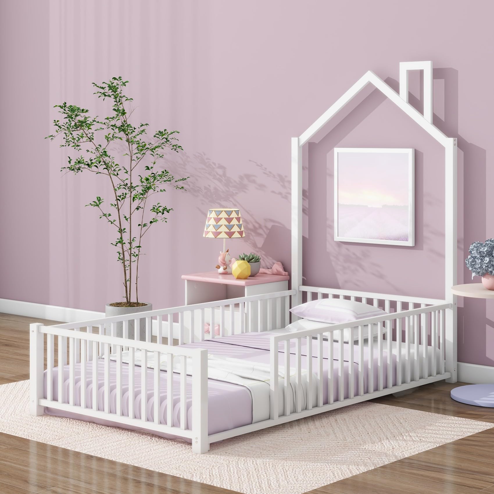 Metal House-Shaped Floor Bed Frame with Safety Guardrails