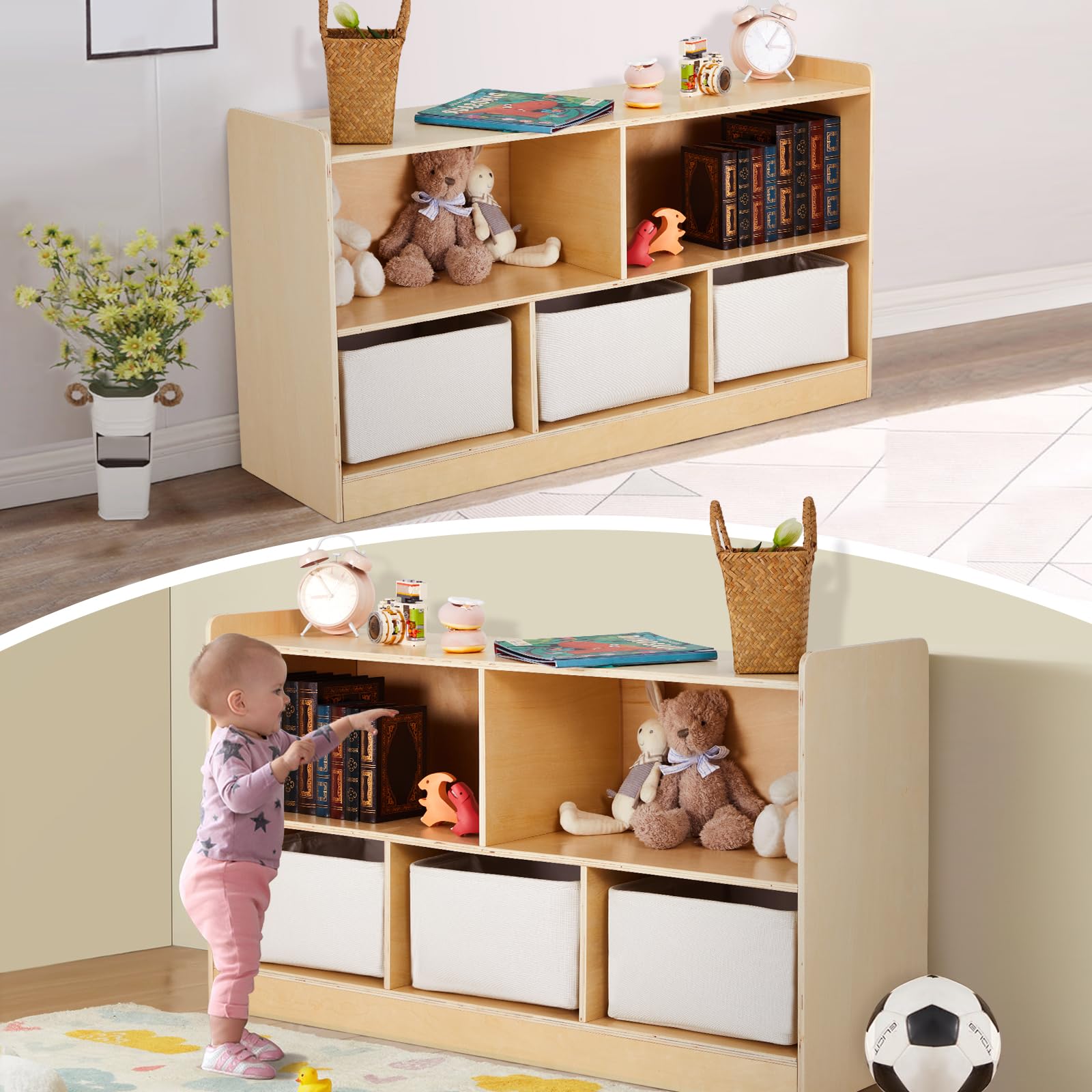 Wooden Toy Storage Organizer with Bookshelf - 5 Section Cabinet for Kids Room