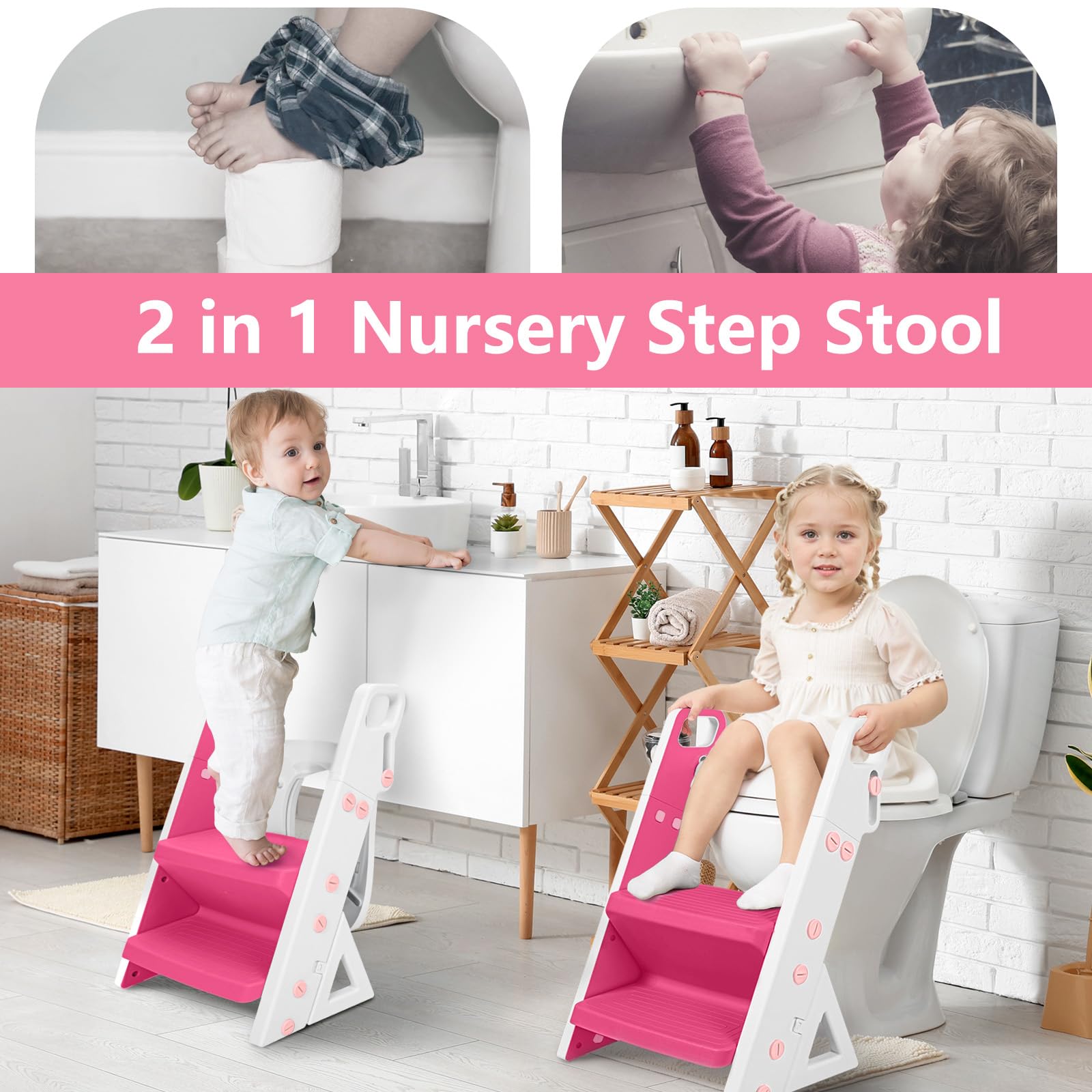 Beavtaens Easy Storage Potty Training Seat with Ladder, Adjustable Step and Toilet Seat Height, Easy-Grip Handles for Climbing, Foldable Portable Toddler Toilet Trainer, Perfect for Small Bathrooms