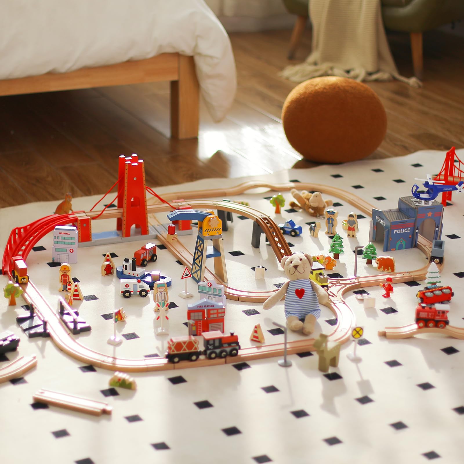117 Pcs Busy Port City Train Set for Kids- Expandable & Changeable Wooden Train Track Set