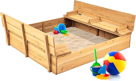 Kids' Outdoor Wooden Sandbox Large, Cedar Wood with Foldable Bench