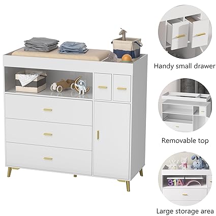 Changing Table with Drawers, White Drawer Dresser,Changing
