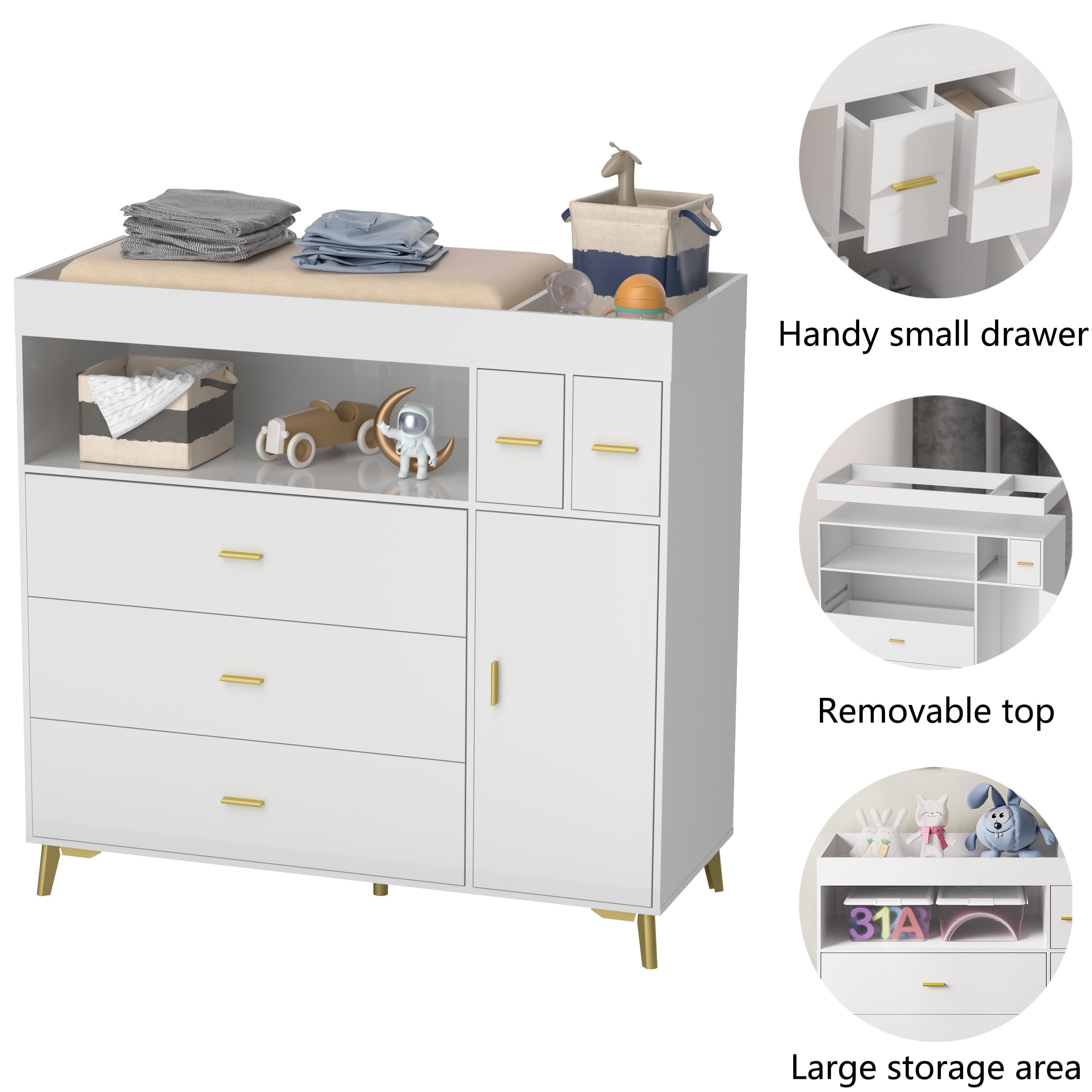 White Changing Table Dresser with 5 Drawers
