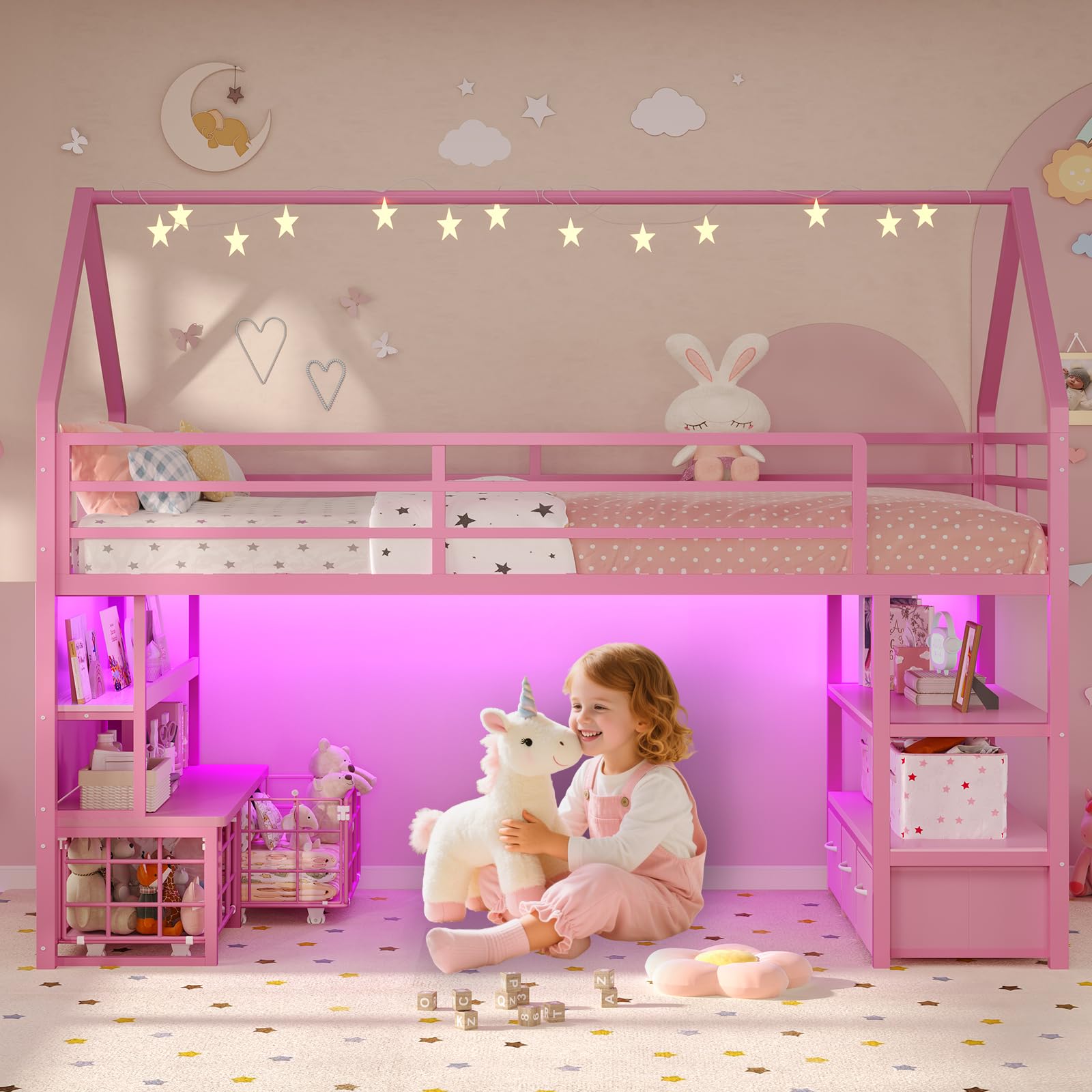 Twin Loft Bed with Storage Drawers and LED Lights