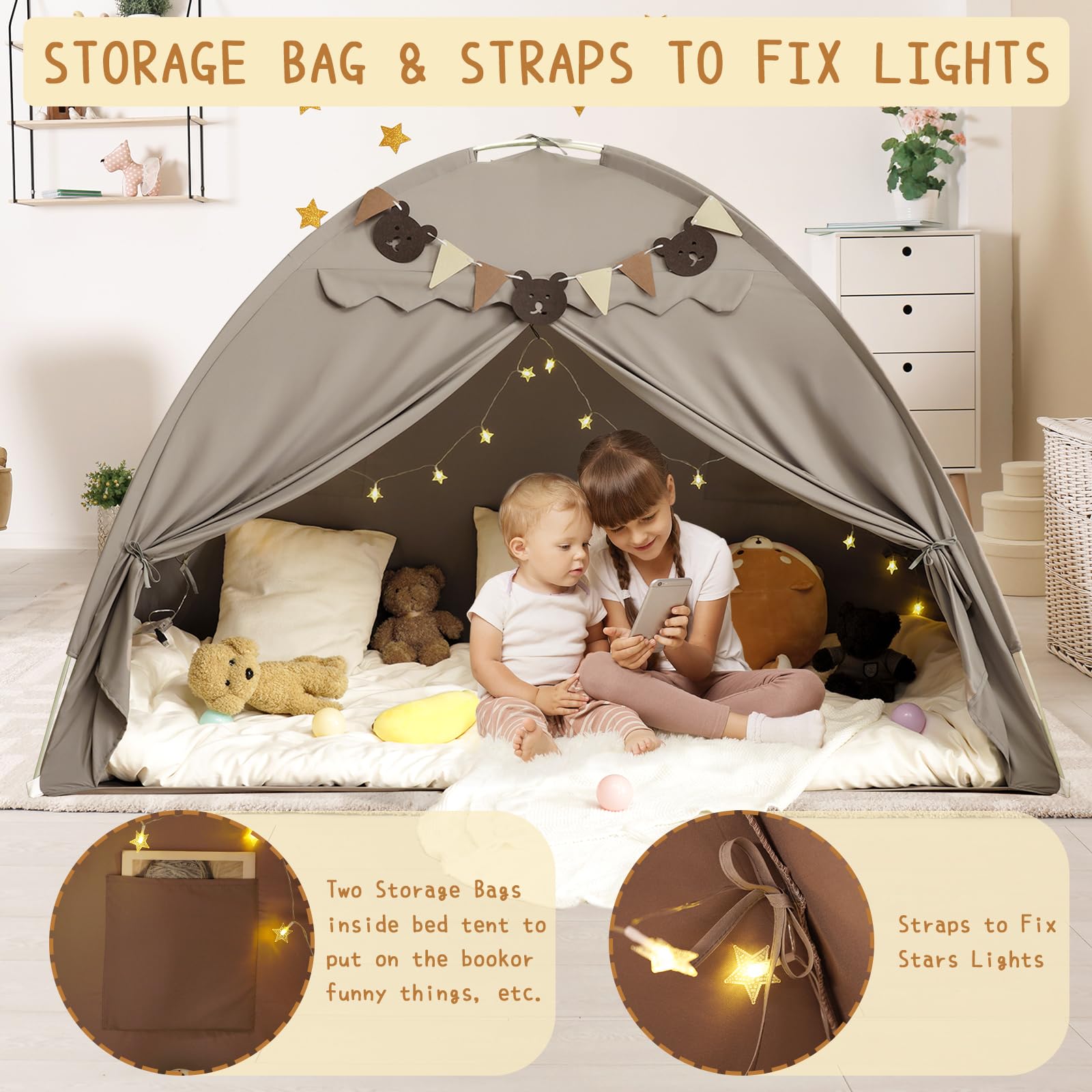 Twin Bed Tent, Bed Canopy Bunk Bed Tent with Stars Lights & Flags, Breathable Sleeping Tent, Privacy Space Dream Playhouse for Indoor Bedroom Floor, Portable Foldable Play Tent with Storage Bag, Grey