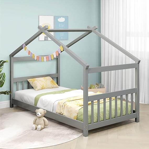 Full Size Floor Bed, Solid Wood Montessori House Bed with Roof