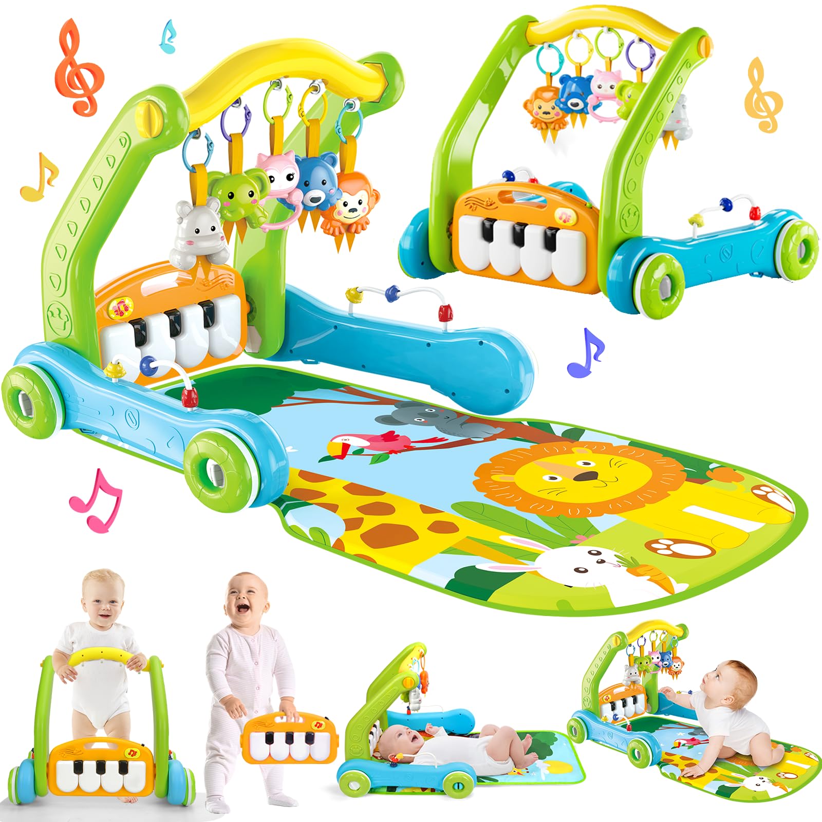 4-in-1 Baby Gym Play Mat with Learning Walker, Tummy Time Mat & Baby Push