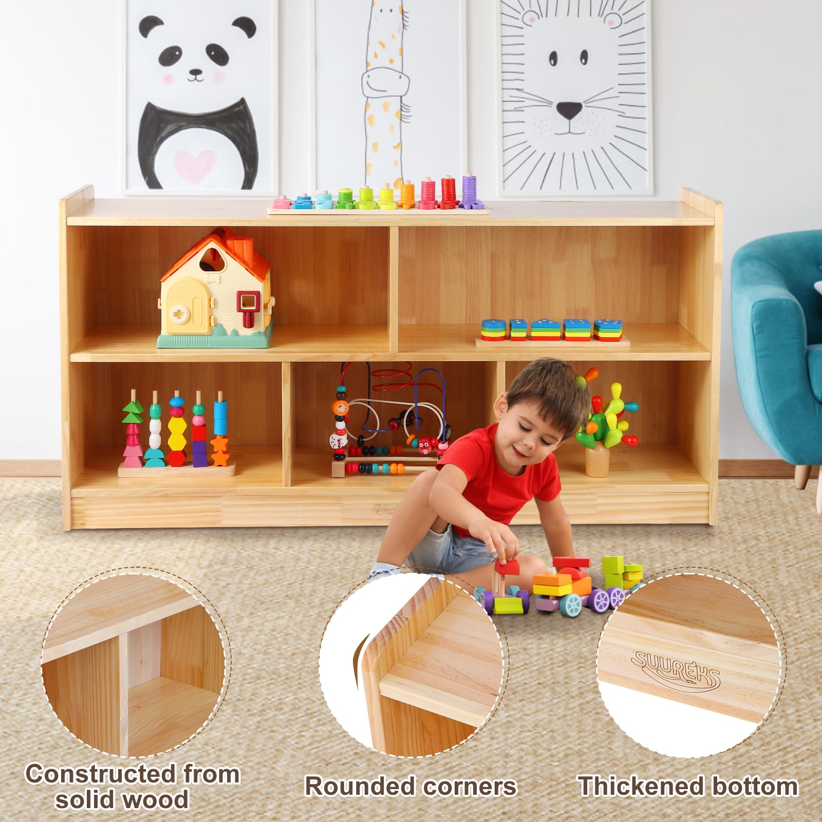 Montessori Wooden Toy Storage Shelf with Bookshelf and Storage Bins
