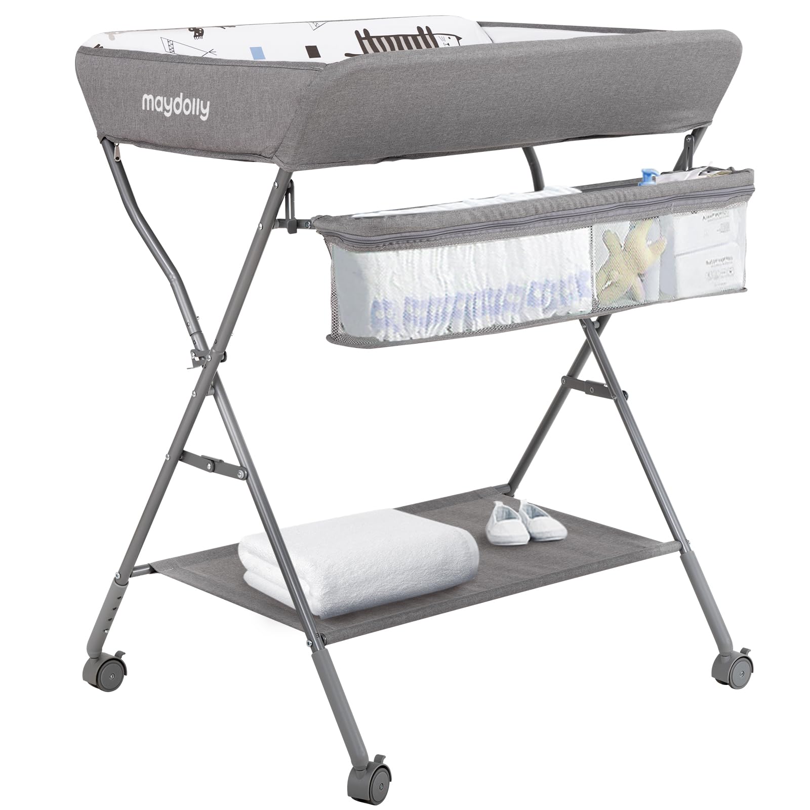 Changing Table with Wheels, Maydolly Portable Adjustable Height Folding
