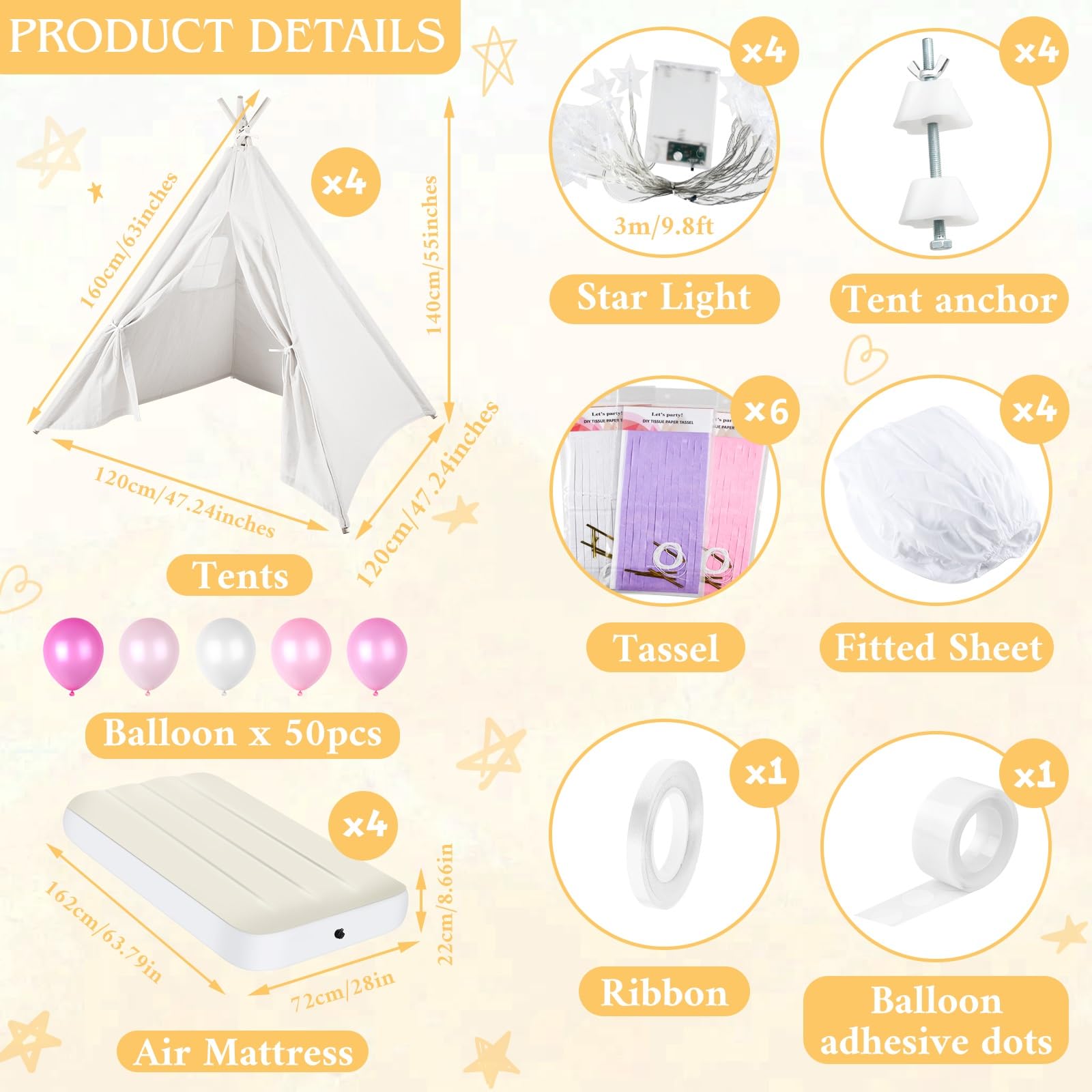 Kids Teepee Tent Set with Inflatable Mattress and Decorations