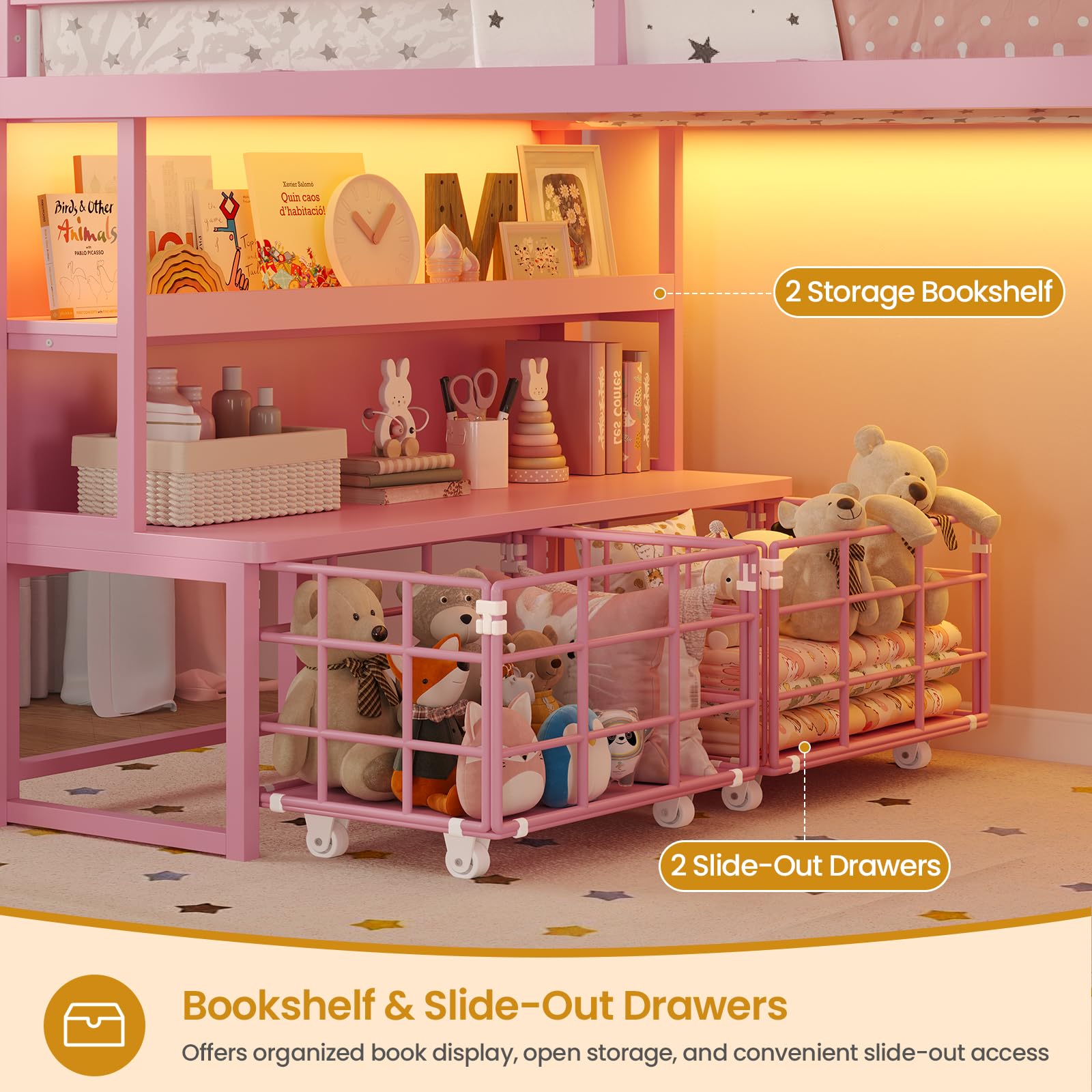 Twin Loft Bed with Storage Drawers and LED Lights