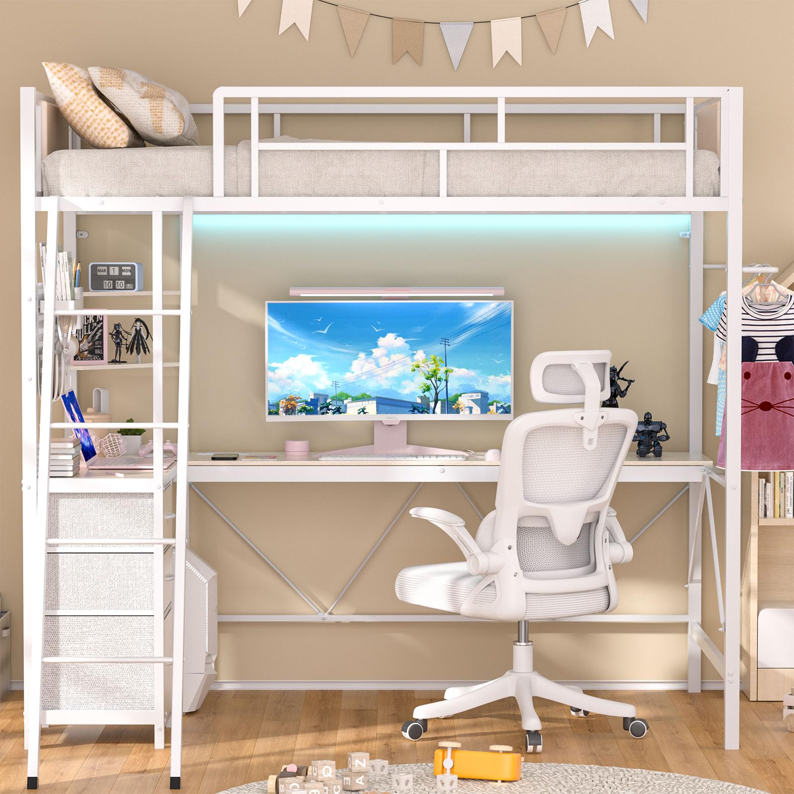 Loft Bed Twin Size with L-Shaped Desk, LED Lights