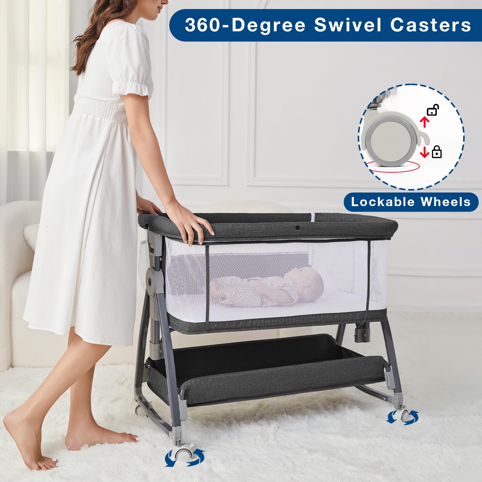 Adjustable Bedside Bassinet with Wheels