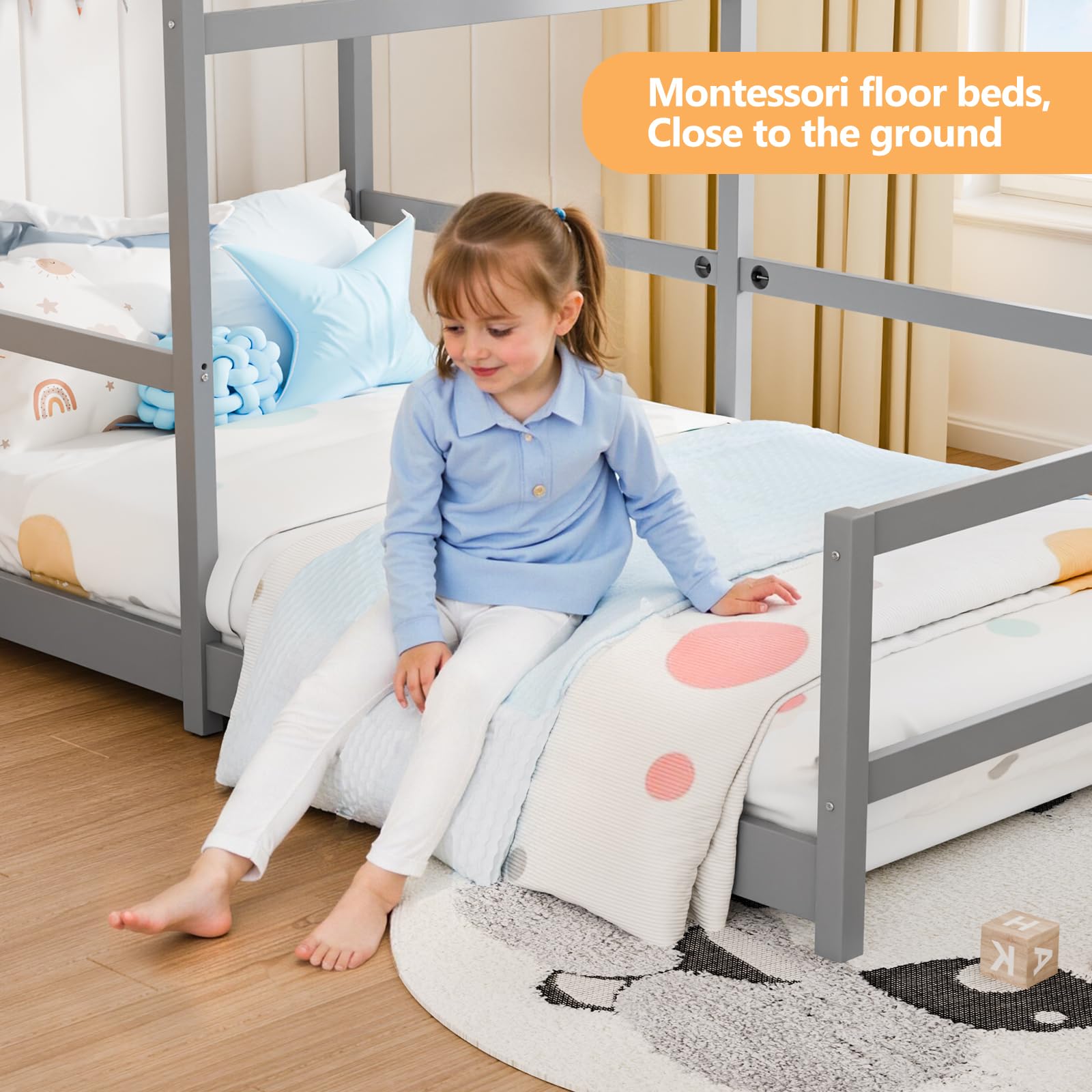 Twin House Floor Bed Frame with Roof and Safety Fence