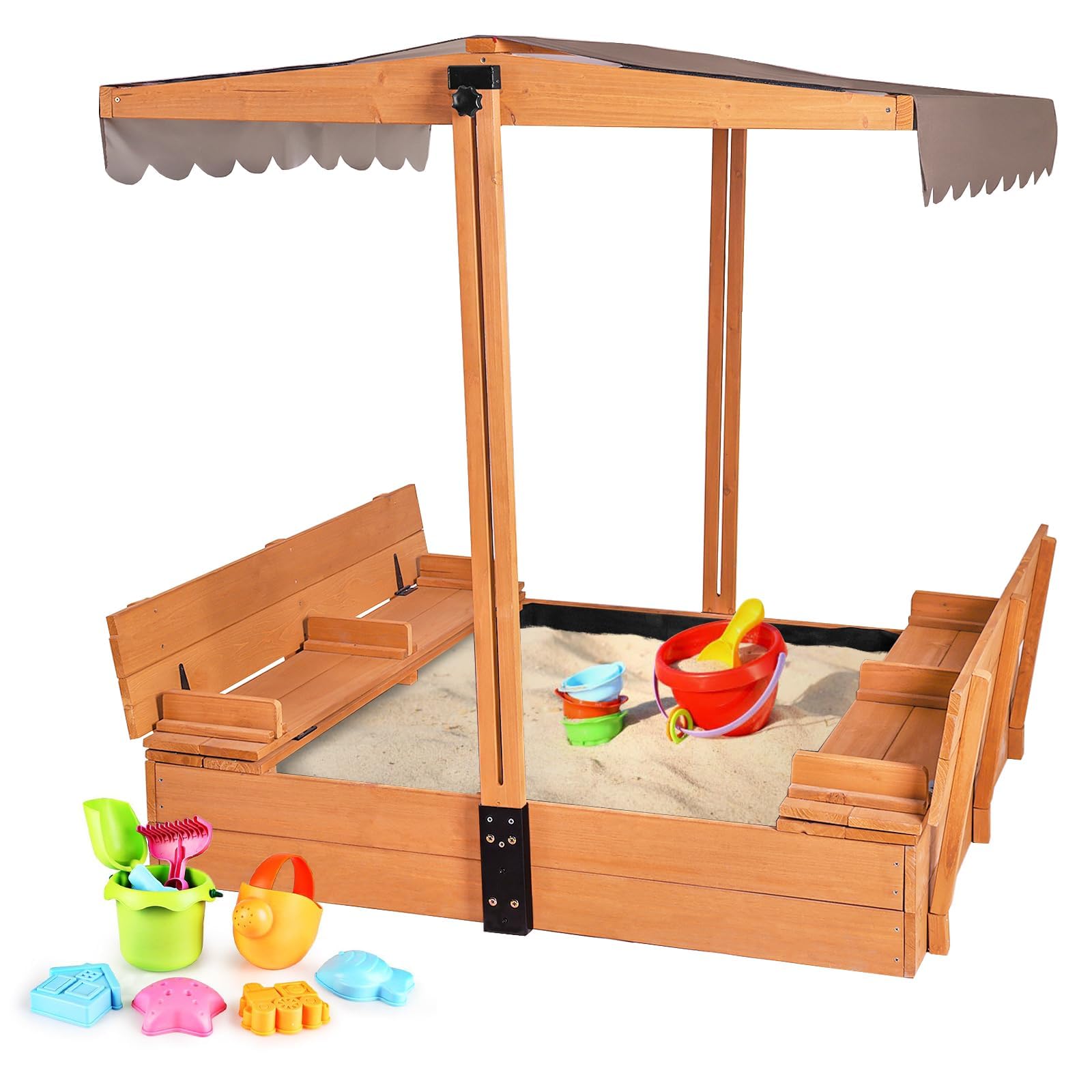 Wooden Sandbox with Retractable Canopy and Bench Seats