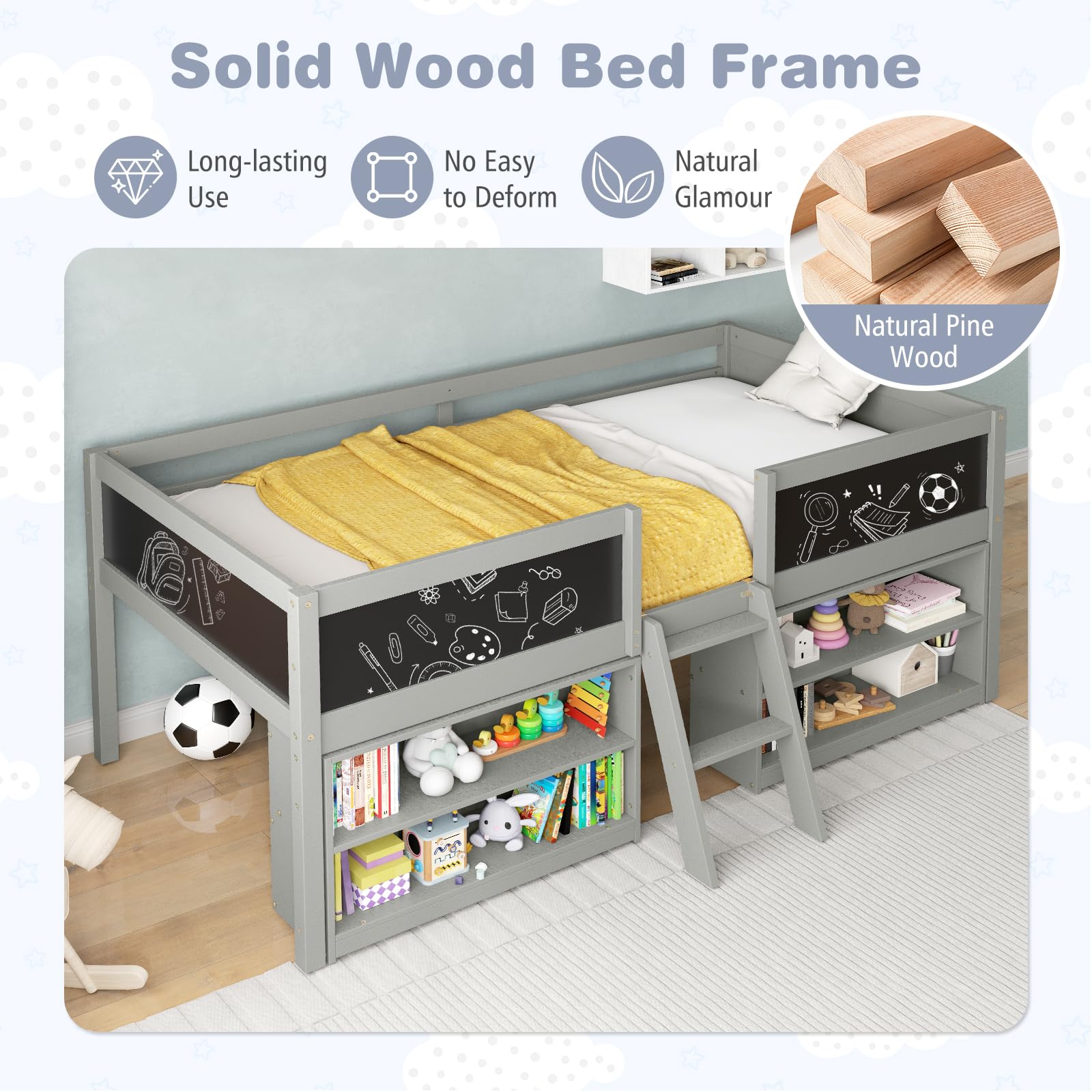 Twin Low Loft Bed with Chalkboard and Storage