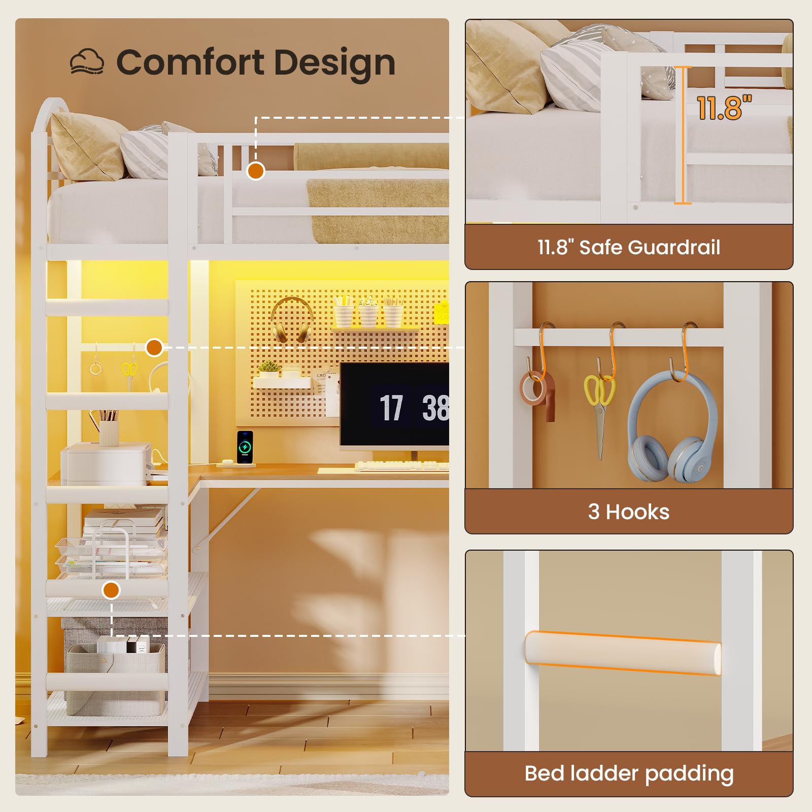 Twin Loft Bed with L-Shaped Desk and LED Lights