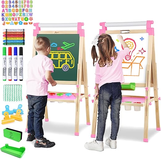Kids Wooden Easel with Paper Roll - Adjustable Magnetic Double Sided
