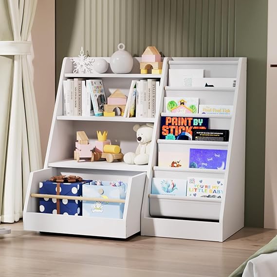 Kids Bookshelf,Toddler Bookcase Toy Bin with 2 Drawers 3 Sling Pockets
