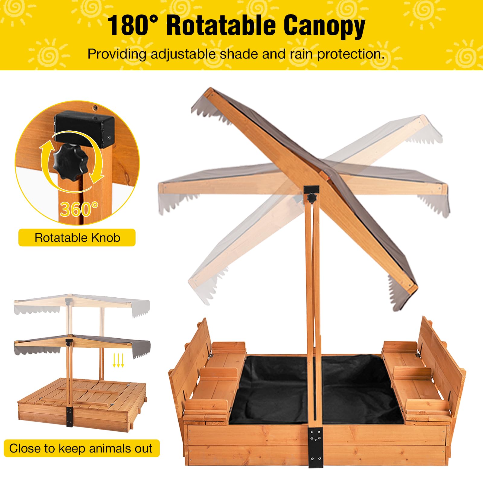 Wooden Sandbox with Canopy and Foldable Bench Seats