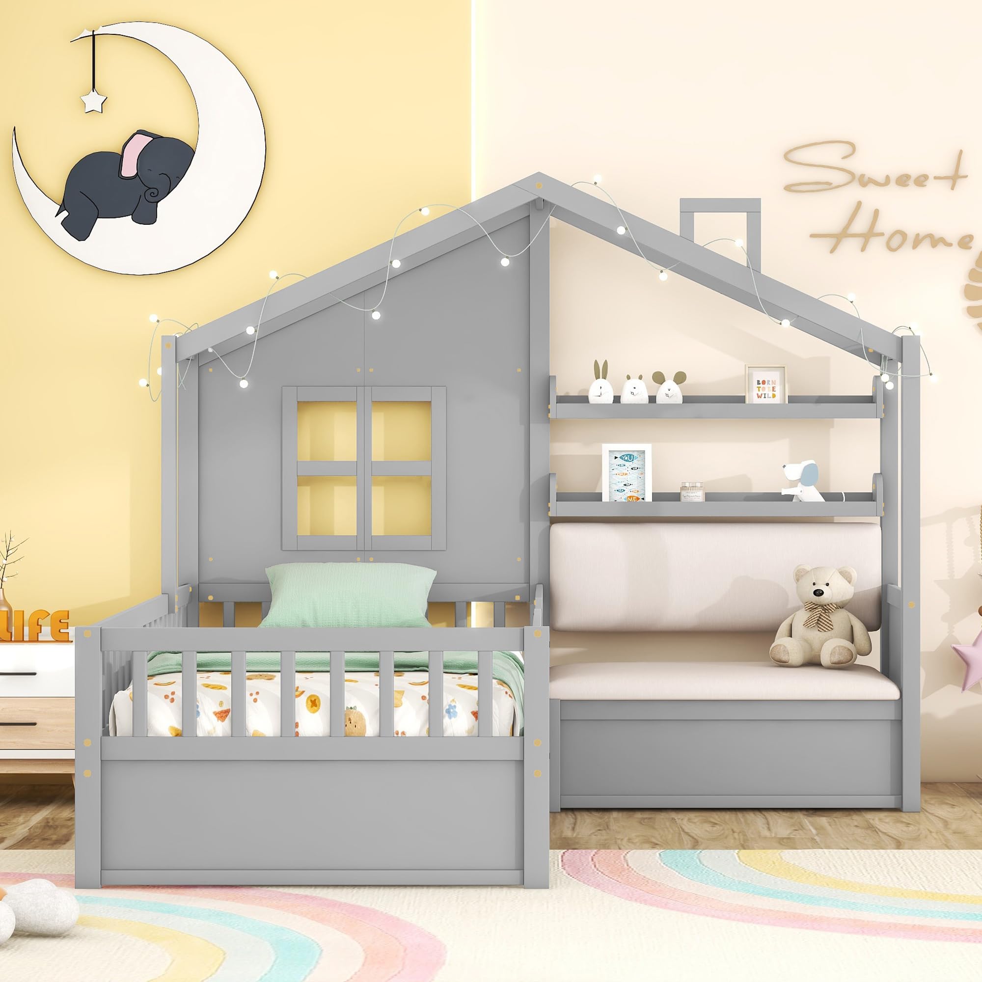 Kids Twin House Bed Frame with Upholstered Sofa and 2 Drawers