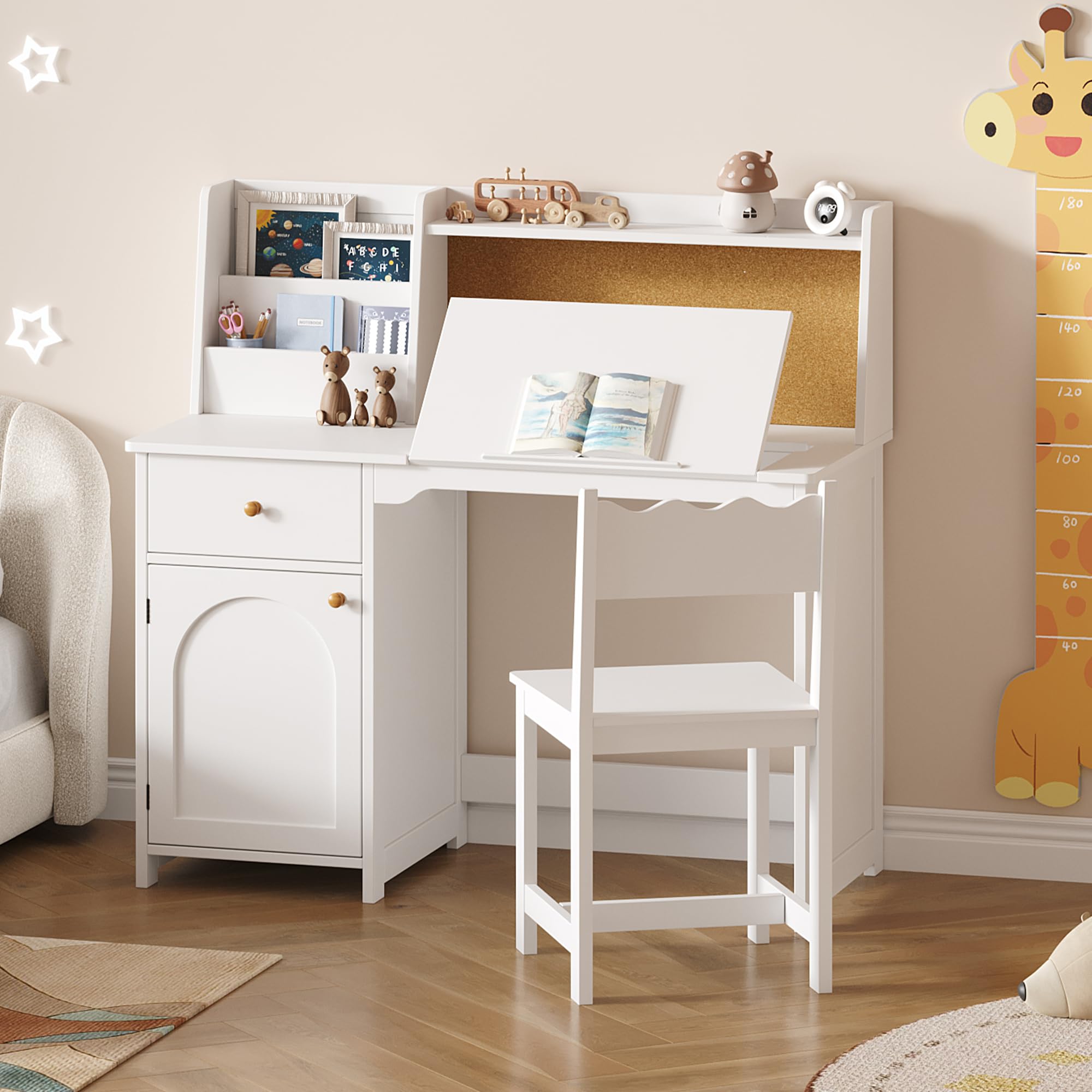 Kids Study Desk and Chair Set with Hutch and Tiltable Desktop
