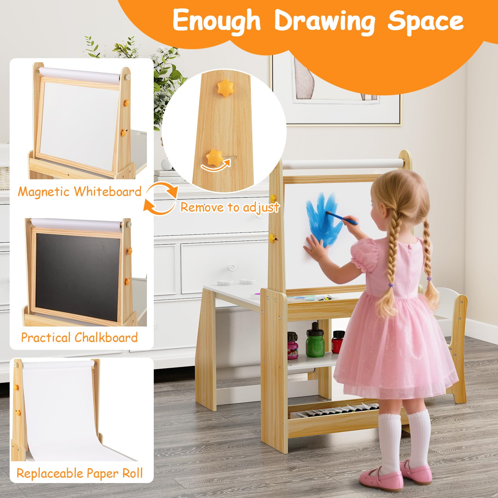 Kids Art Table and Chair Set with Easel - 4-in-1 Wooden Activity Desk