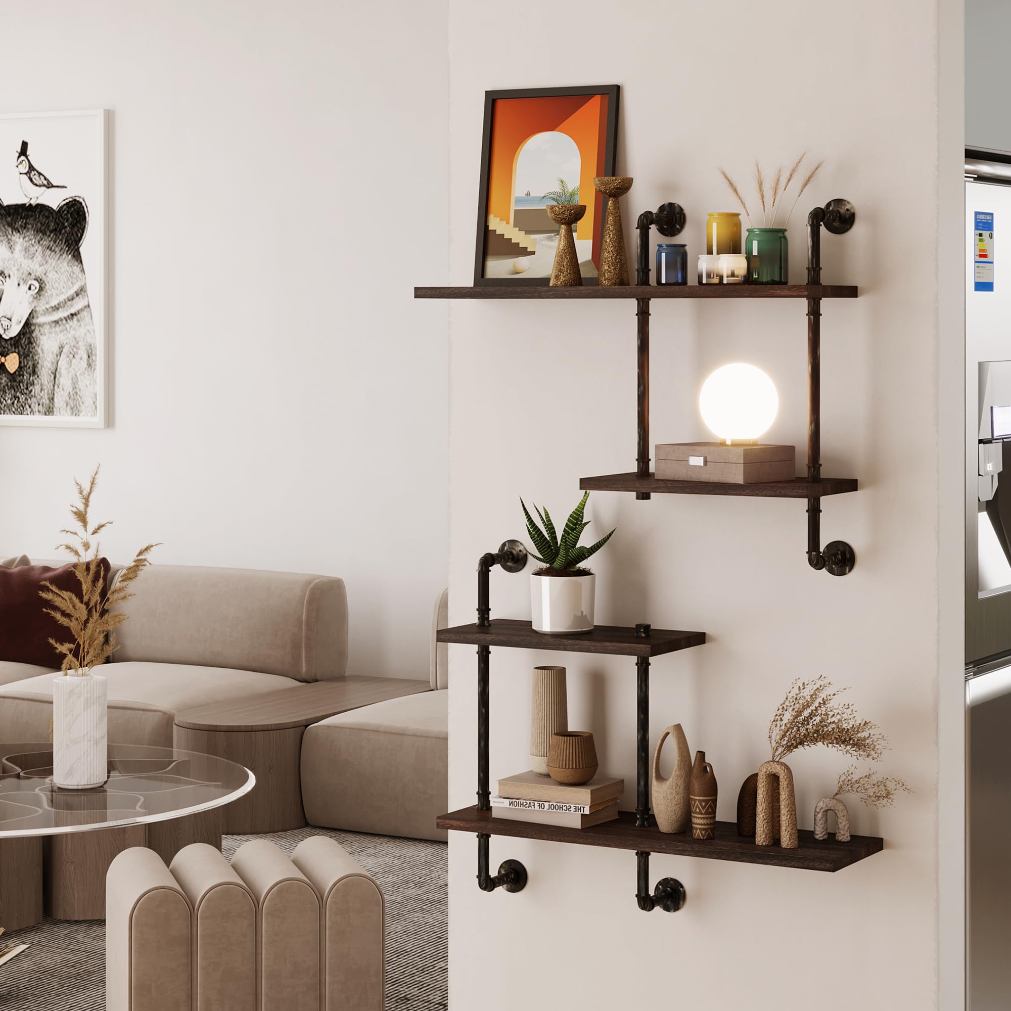 Industrial Pipe Wall Shelves 4-Tier Rustic Floating Bookshelf