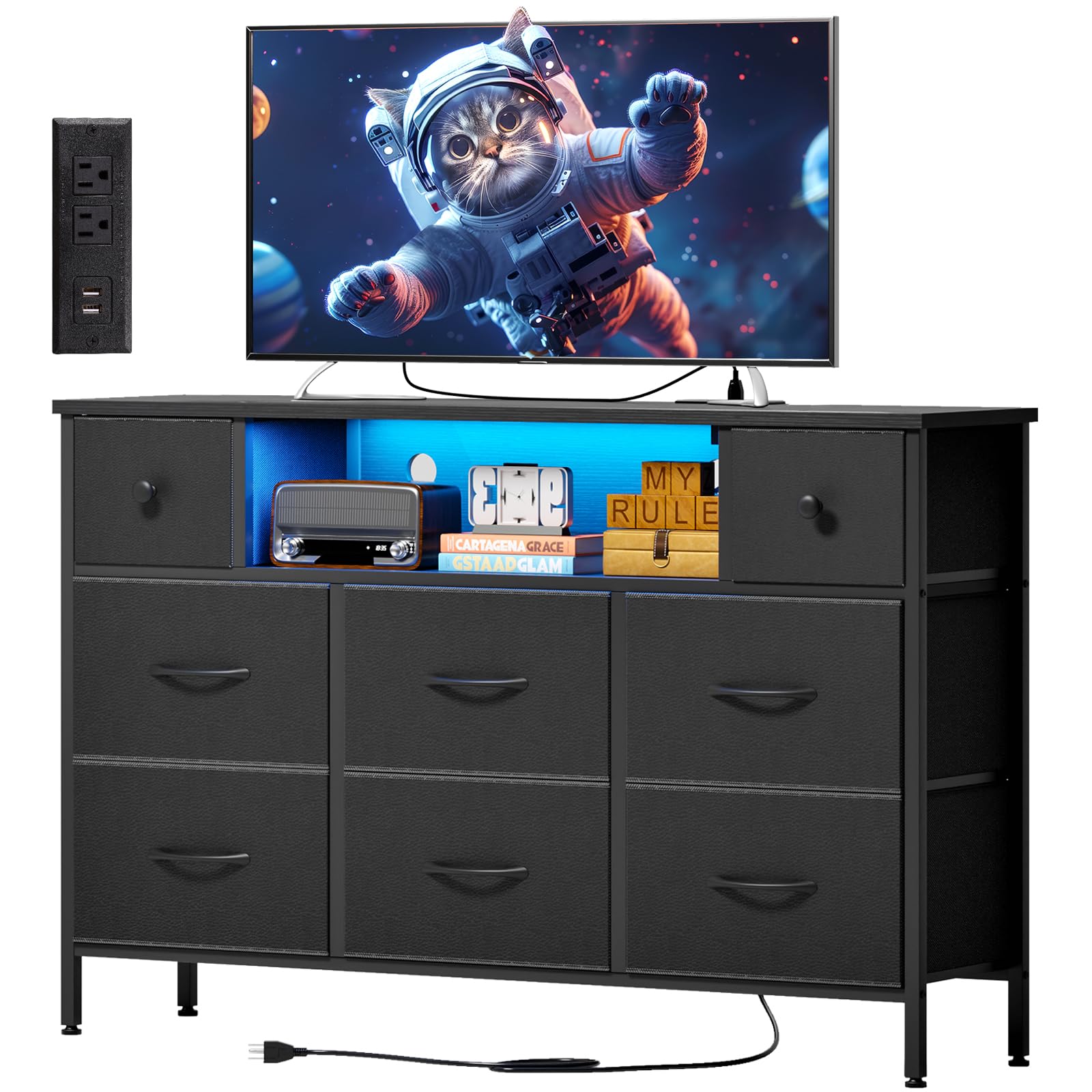 8-Drawer Dresser TV Stand with Charging Station and LED Lights